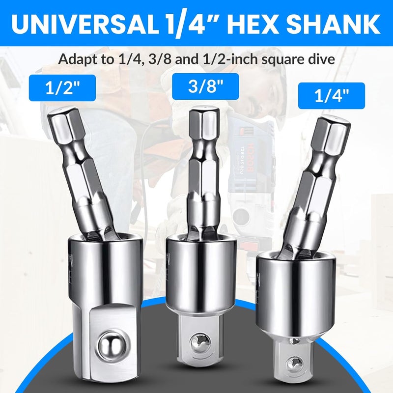 BILIPLE 31 Pcs Flexible Drill Bit Extension Set,105° Right Angle Drill Attachment, 1/2 3/8 1/4 inch Universal Hex Socket Adapter, Rotatable Socket Wrench Tools, Drill Bit Holder Screwdriver with Box(Silver) - Image 3